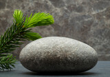 gray zen stone and a branch of young pine needles for a podium background product stands on a gray background