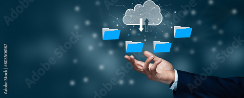 File transfer protocol or FTP digital system for transferring documents. Files receiver and computer backup copy. Cloud computing system concept.