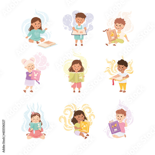Cute Children Reading Open Books and Dreaming Vector Set