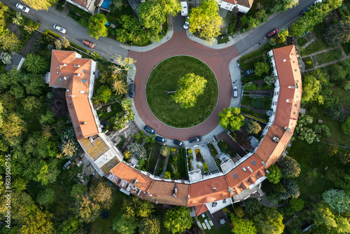 Top drone view of circle housing