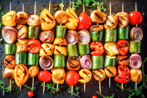 Fresh  home-cooked on the grill fire Vegan skewers of various vegetables  top view on old rusty metal sheet. Barbecue. Healthy eating concept. 