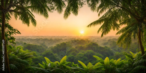 Wallpaper with a tropical landscape at sunset. Jungle with mountains  palms  trees and other wild plants. Sky with clouds and setting sun. Rainforest illustration. Pristine nature. Generative AI