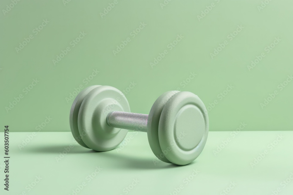 The concept of fitness and healthy sports. mint color dumbbell on a pastel background. Generative AI