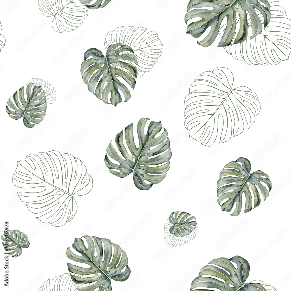 Tropical leaves seamless pattern. Monstera leaves seamless pattern. Monstera leaves on isolated background, watercolor hand painted floral illustration , seamless pattern, jungle design Tropical leaves seamless pattern. Monstera leaves seamless pattern. Monstera leaves on isolated background, watercolor hand painted floral illustration , seamless pattern, jungle design