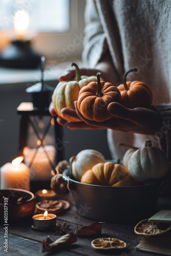 Fototapeta Naklejka Na Ścianę i Meble -  Autumn home composition with aromatic candles. Woman in wool sweater holding a pumpkin. Aromatherapy on a grey fall morning, atmosphere of cosiness and relax. Wooden dark background