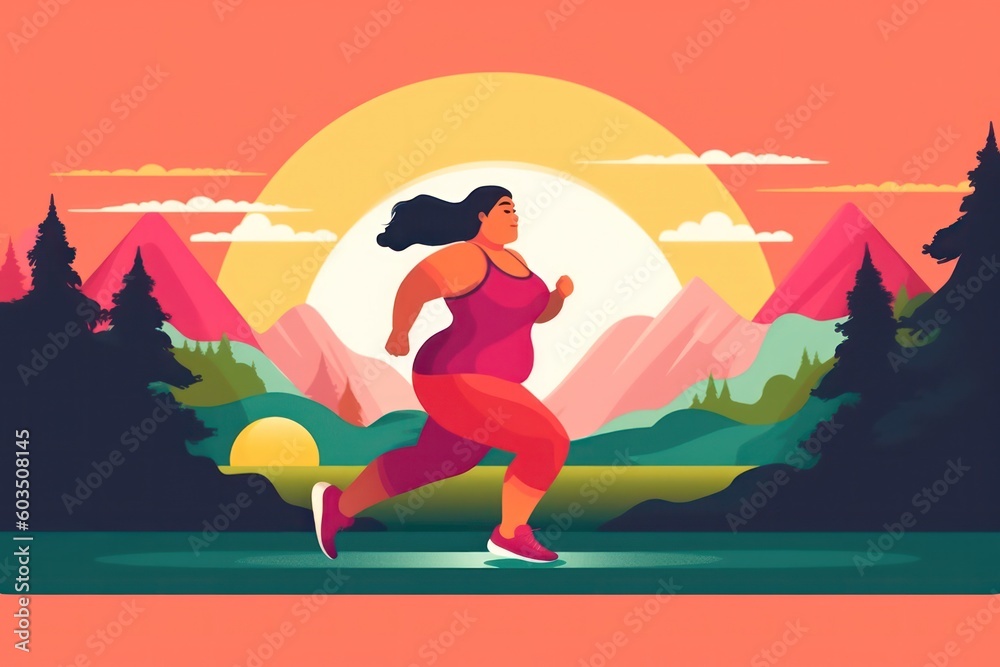 illustration plus size woman a goes in for sports .care for yourself and your health. Generative AI
