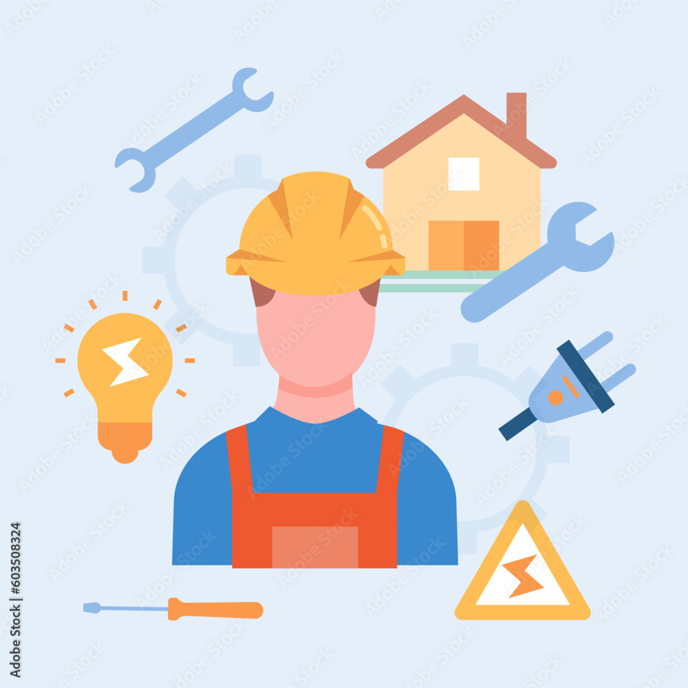 Engineer in construction hat. Man in uniform stands in front of house with wrenches and tools. Building supervision, architecture and construction. Cartoon flat vector illustration