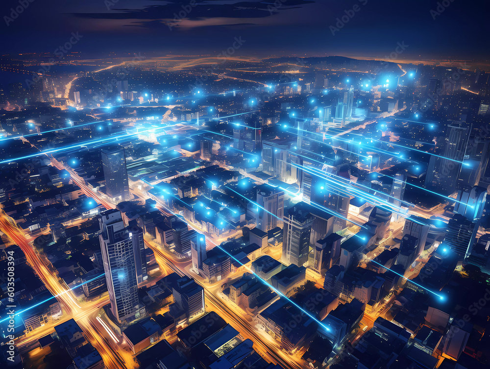 high-tech smart cityscape with interconnected buildings, showcasing the concept of a digitally connected urban environment. high-tech smart cityscape with interconnected buildings, showcasing the concept of a digitally connected urban environment.