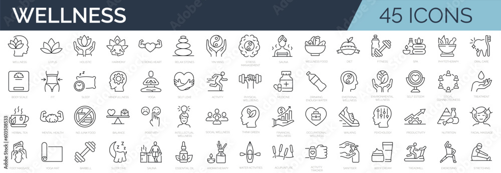 Set of 45 line icons related to wellness, wellbeing, mental health, healthcare, cosmetics, spa, medical. Outline icon collection. Editable stroke. Vector illustration - obrazy, fototapety, plakaty 