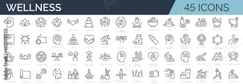 Papier peint Set of 45 line icons related to wellness, wellbeing, mental health, healthcare, cosmetics, spa, medical