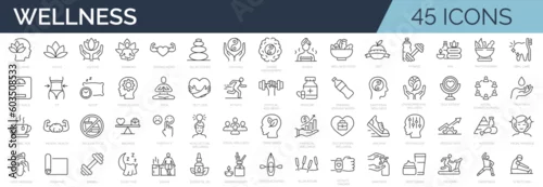 Fototapeta Set of 45 line icons related to wellness, wellbeing, mental health, healthcare, cosmetics, spa, medical. Outline icon collection. Editable stroke. Vector illustration
