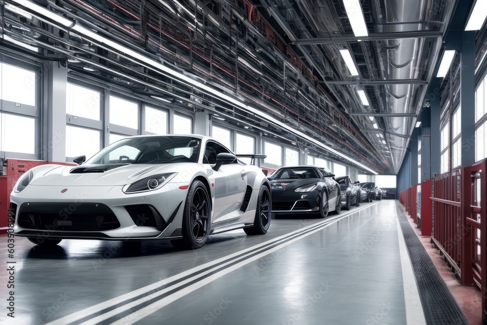Movement of vehicles along the production line at the plant. Car Assembly by parts. Automobile manufacturing production industrial machine, smart factory and industry 4.0 concept. Generative AI Movement of vehicles along the production line at the plant. Car Assembly by parts. Automobile manufacturing production industrial machine, smart factory and industry 4.0 concept. Generative AI