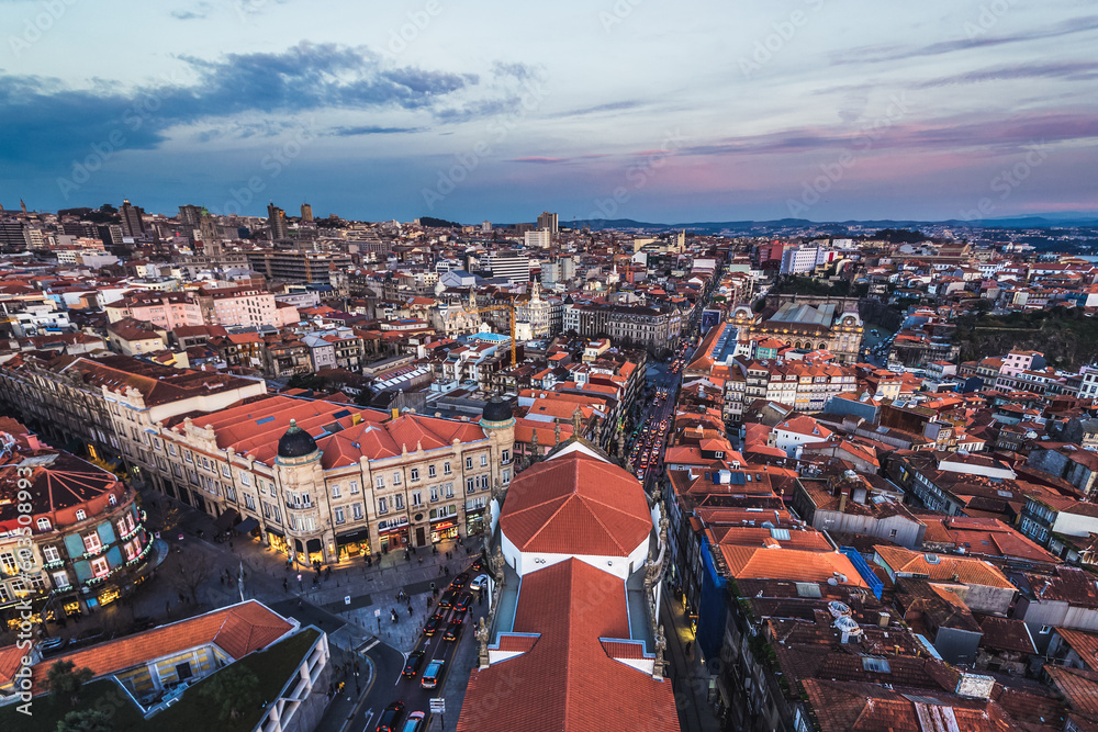 Aerial view with Old Town from bell tower of Clerigos Church in Porto, Portugal