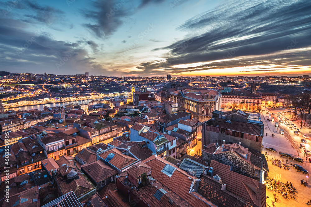 Evening in Porto, Portugal. View from bell tower of Clerigos Church
