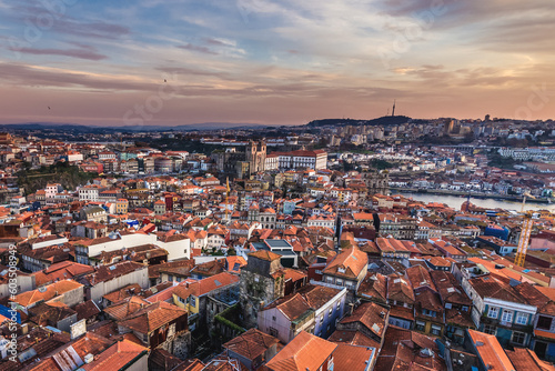 Evening aerial view from bell tower of Clerigos Church in Porto in Portugal