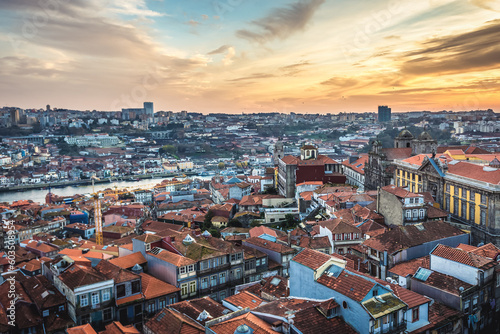 View from Clerigos Church in Porto in Portugal, with Se Cathedral, Vila Nova de Gaia city on abckground