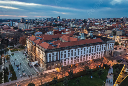 University of Porto building seen from bell tower of Clerigos Church in Porto, Portugal