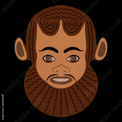 Face of ancient Greek satyr. Ethnic vase painting style. Mask of a smiling bearded man with animal ears. On black background.