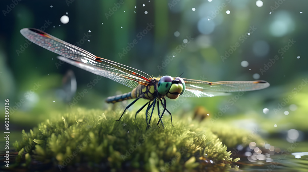 Dragonfly in Flight: Macro Close-up Near Water, Generative AI Technology