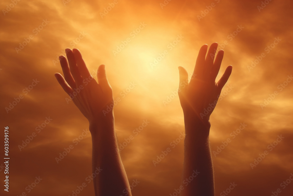 Human hands open palm up worship with faith in religion and belief in God on blessing background Human hands open palm up worship with faith in religion and belief in God on blessing background