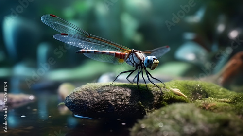 Dragonfly in Flight: Macro Close-up Near Water, Generative AI Technology © kiril