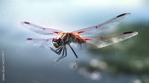 Dragonfly in Flight: Macro Close-up Near Water, Generative AI Technology