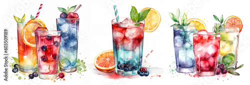 Hand drawn watercolor set of different tropical cocktails isolated on white background 