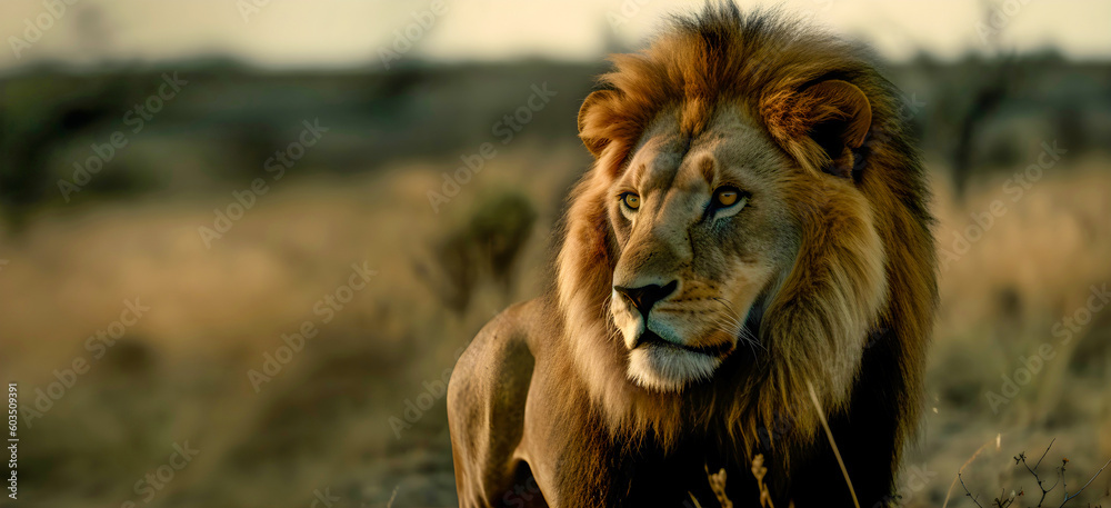 Fototapeta premium A large male lion standing alert in thick grass veld 