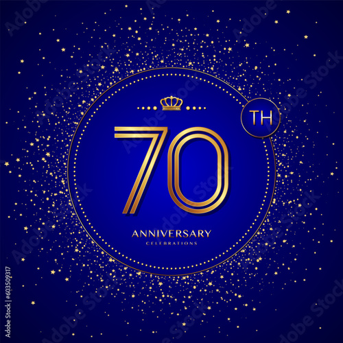 70th anniversary logo with gold numbers and glitter isolated on a blue background