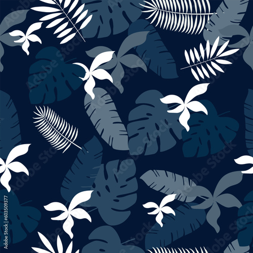 Floral seamless background, anthurium flowers with leaves in blue tone on dark blue