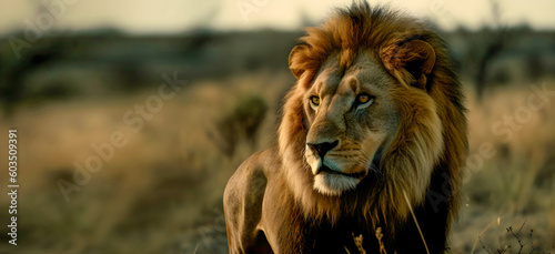 A large male lion standing alert in thick grass veld 