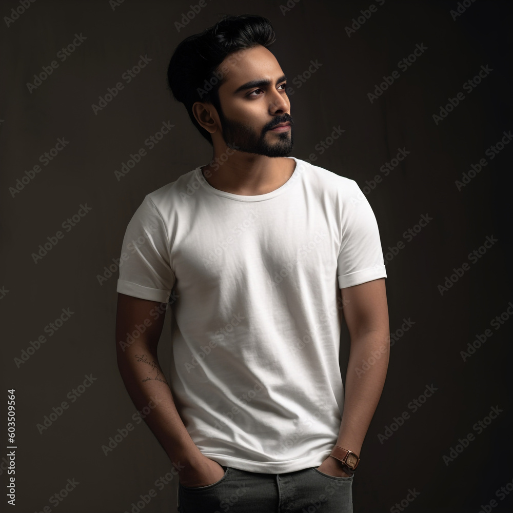 indian male model wearing a plain t-shirt, standing in studio environment created with AI generative technology 