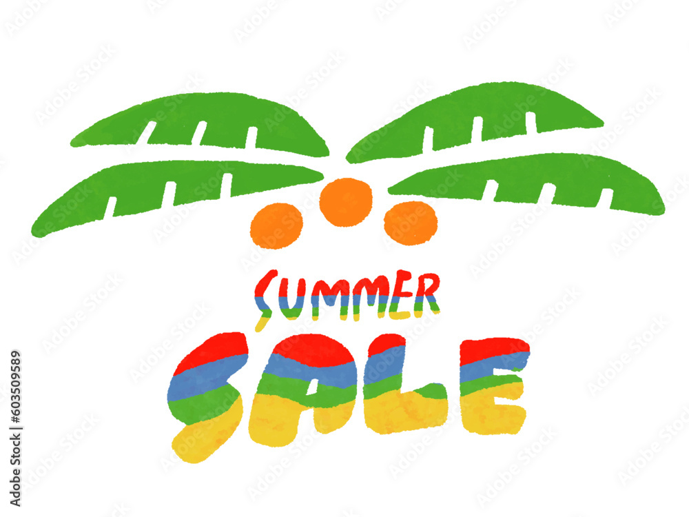 Fototapeta premium 水彩手描き風 ヤシの木とサマーセールのロゴ