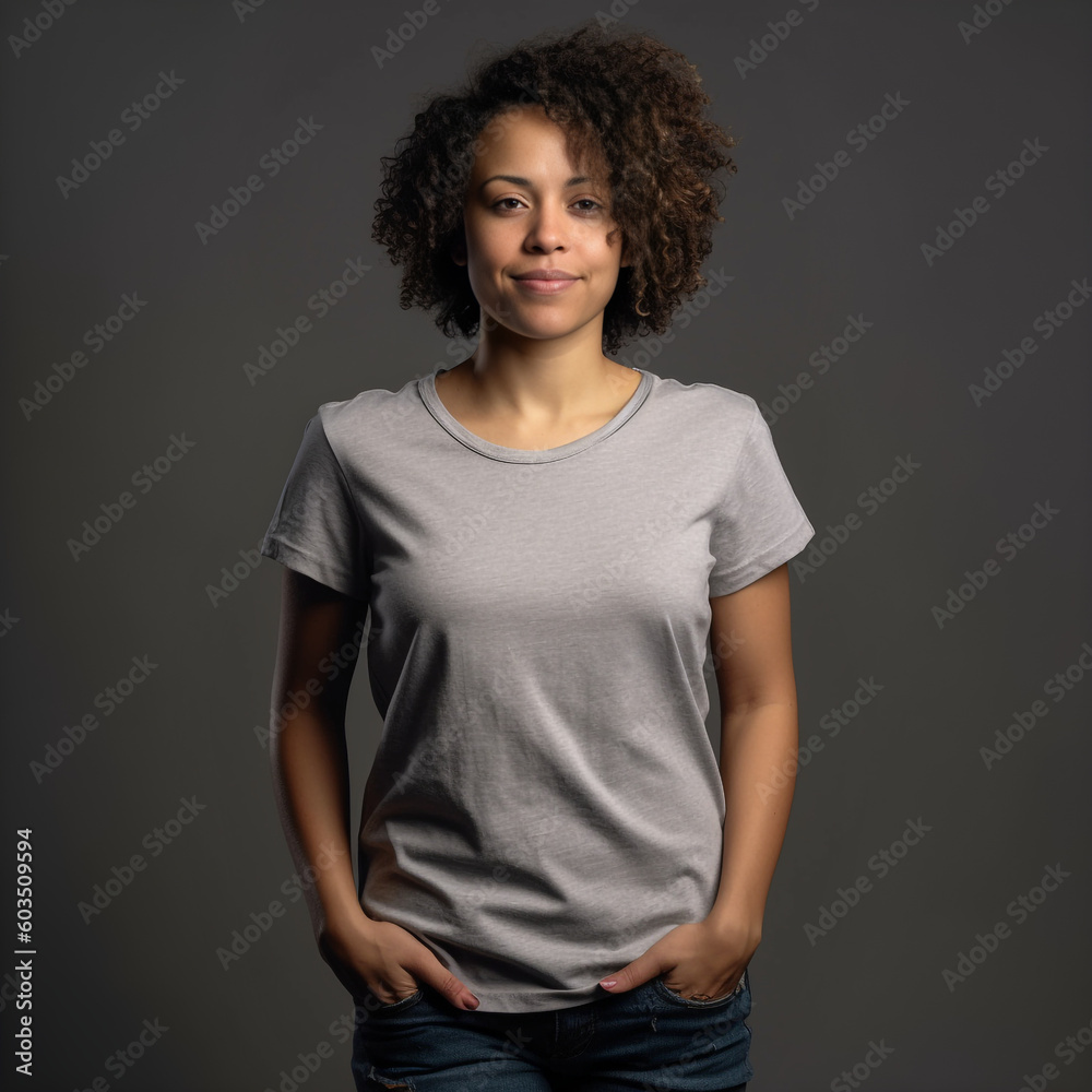 woman wearing a grey tee smiling, created with AI generative technology woman wearing a grey tee smiling, created with AI generative technology