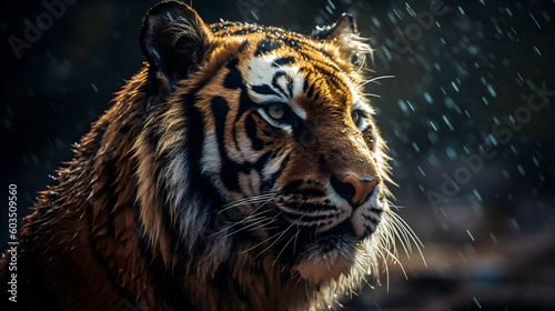 Portrait of an adult Siberian tiger relaxing in rain. Close up. 
