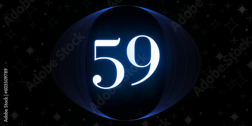 Number 59. Banner with the number fifty nine on a black background and white stars with a circle blue in the middle photo