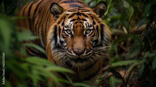 Camouflaged Tiger Hidden Among Dense Vegetation