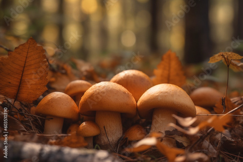 Close-up of porcini mushrooms in the natural environment against the background of fallen leaves. Edible boletus edulis mushroom in the forest on a sunny day. Generative AI