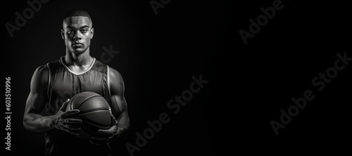 Black and white photorealistic studio portrait of a basketball player on black background. Generative AI illustration