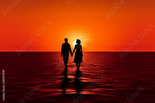 Loving couple holding hands in the sunset vector illustration. Ai generated