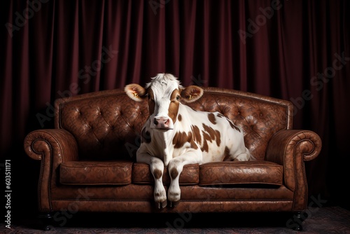 A cow sitting a on brown leather sofa photo
