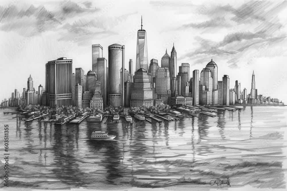 Fototapeta premium City skyline with skyscrapers pencil drawing. Ai generated