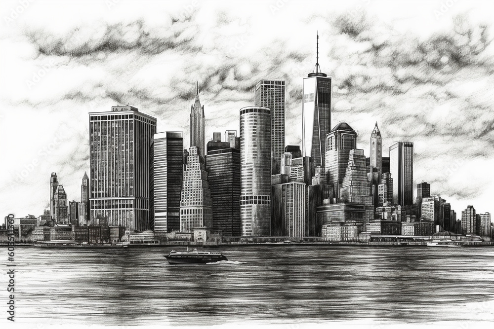 Fototapeta premium City skyline with skyscrapers pencil drawing. Ai generated