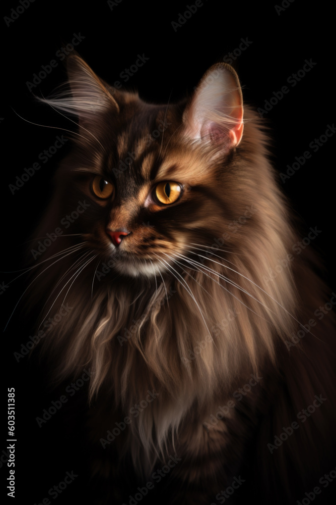 Portrait of a tabby charming Maine Coon cat, close-up. Beautiful long-haired cat. Generative AI