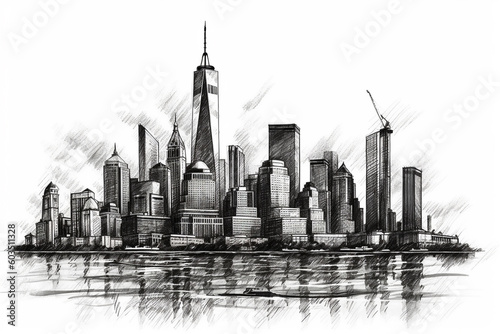 City skyline with skyscrapers pencil drawing. Ai generated