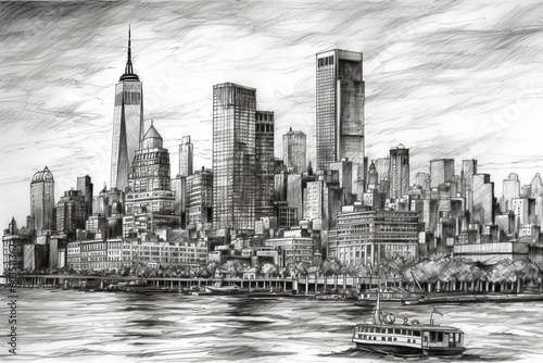City skyline with skyscrapers pencil drawing. Ai generated
