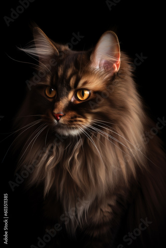 Portrait of a tabby charming Maine Coon cat, close-up. Beautiful long-haired cat. Generative AI