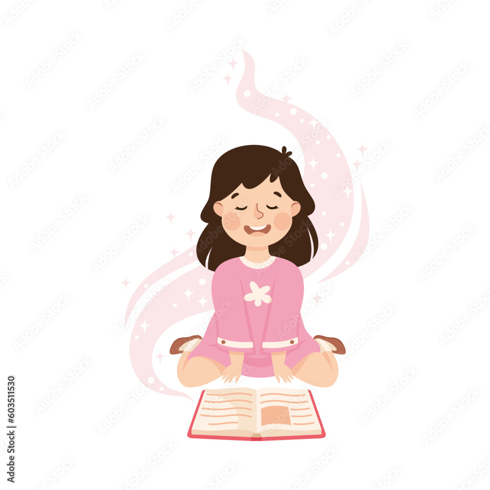 Cute Girl Sitting and Reading Open Book and Dreaming Vector Illustration Cute Girl Sitting and Reading Open Book and Dreaming Vector Illustration