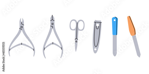 Manicure and pedicure tools icon. Nail polish, nail files, nail tongs, cuticle scissor silhouette. Vector illustration.