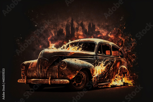 Hot rod classic car on fire concept idea. Ai generated © dragomirescu